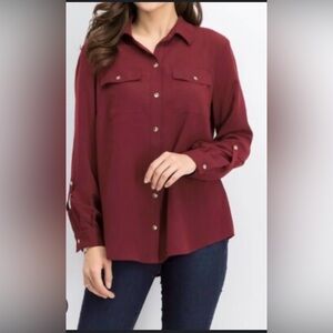 LOFT size M woman Red Long Sleeve Notched Collar Button Down Shirt